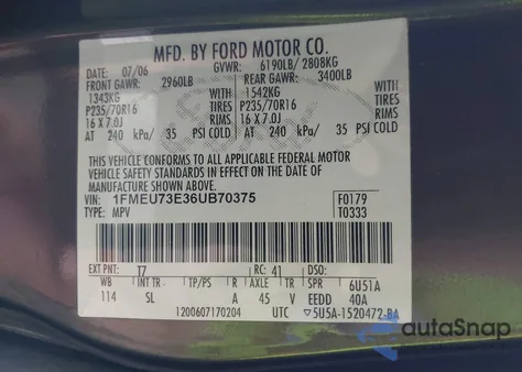 2006 Ford Explorer Xlt from USA, damaged, VIN 1FMEU73E36UB70375